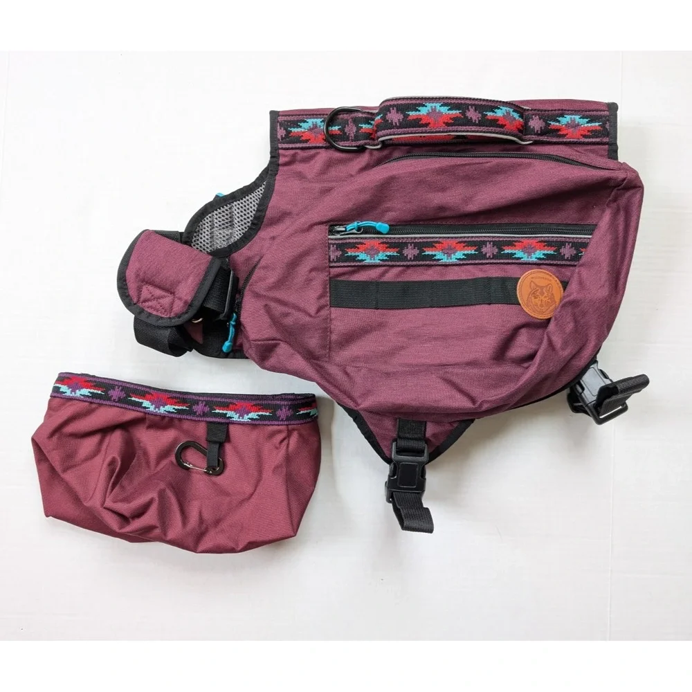 Wilder Dog Backpack LARGE Saddle Bag Harness w/ Water Bowl Burgundy Southwestern